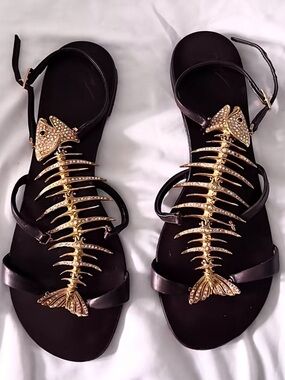 Vintage Giuseppe Zanotti Deep Brown and Gold Fishbone Sandals —as seen on SATC